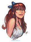  bliss_barson blue_eyes bow breasts brown_hair caleb_thomas cleavage cryamore earrings eyeshadow hair_bow highres jewelry large_breasts long_hair makeup mole mole_under_eye smile solo watermark web_address 