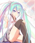  green_hair gumo hatsune_miku highres long_hair school_uniform serafuku sitting skirt solo thighhighs twintails v very_long_hair vocaloid 