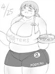  1girl blush breasts food hooters huge_breasts name_tag obese plate shimejix waitress 