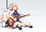  bare_shoulders boots breasts closed_eyes cup drinking_glass electric_guitar guitar indian_style instrument long_hair looking_at_viewer medium_breasts microphone miz multiple_girls music open_mouth orange_hair original red_eyes silver_hair singing sitting smile 