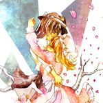  blonde_hair bow branch brown_hair closed_eyes dress hat hug maribel_hearn multiple_girls petals short_hair skirt smile sooru0720 touhou traditional_media usami_renko watercolor_(medium) yuri 