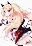  animal_ears blonde_hair blush checkered checkered_skirt garters hair_ornament hairclip highres long_hair microphone microphone_stand nyanya open_mouth original petticoat red_eyes scan skirt solo twintails white_background 