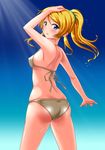 ass ayase_eli bikini blonde_hair blue_eyes breasts covered_nipples from_behind highres kaze_makase long_hair looking_back love_live! love_live!_school_idol_project ponytail small_breasts solo swimsuit wet 