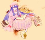  bangs blunt_bangs book bow bowtie capelet cloak dress full_body half-closed_eyes hat highres jewelry konpasu long_hair mob_cap open_book patchouli_knowledge purple_eyes purple_hair ring scroll striped striped_dress touhou vertical-striped_dress vertical_stripes very_long_hair 