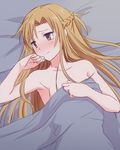  asuna_(sao) blush brown_eyes brown_hair covering embarrassed hand_to_own_mouth hyakuen_raitaa long_hair nude_cover on_bed solo sword_art_online tears 