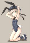  adapted_costume animal_ears armpits arms_up bare_legs blush bunny_ears bunny_girl bunny_tail bunnysuit clothes_writing detached_collar full_body green_eyes hat kantai_collection katahira_masashi leotard looking_at_viewer sailor_hat short_hair silver_hair sketch smile solo tail wrist_cuffs z1_leberecht_maass_(kantai_collection) 