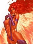  abs ahoge armband breasts covered_nipples dc_comics eyebrows fumio_(rsqkr) gloves gorget green_eyes large_breasts lips nose orange_skin purple_gloves red_hair sideboob slingshot_swimsuit smile solo starfire swimsuit teen_titans thighhighs 