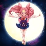  bishoujo_senshi_sailor_moon blue_skirt chibi_usa chim crescent crossed_legs double_bun expressionless facial_mark forehead_mark full_body luna-p outstretched_arms pink_hair red_eyes sailor_collar school_uniform serafuku shoes short_hair skirt socks solo spread_arms twintails white_sailor_collar 