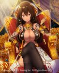  armlet black_legwear bracelet breasts brown_hair chair cleavage crossed_legs dagger dark_skin earrings glint gold hair_between_eyes jewelry large_breasts long_hair lord_of_knights necklace orange_eyes pyz_(cath_x_tech) sitting solo tattoo thighhighs treasure watermark weapon 