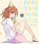  birthday brown_eyes brown_hair casual character_name dated hair_ornament hairpin happy_birthday hat hood misaka_mikoto party_hat skirt solo to_aru_kagaku_no_railgun to_aru_majutsu_no_index tsunekawa_niwasuke 