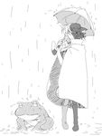  animal_ears black_hair cat_ears cat_tail eyepatch fairyjack frog greyscale kaze_no_klonoa looking_down monochrome railing raincoat tail tat_(klonoa) umbrella 