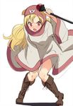  animal_ears blonde_hair blush boots covering dog_ears dragon_quest dragon_quest_ii full_body hood hyakuen_raitaa long_hair open_mouth princess_of_moonbrook red_eyes sketch solo staff wide_sleeves 
