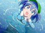  arm_up blue_eyes blue_hair bwell hair_bobbles hair_ornament hand_on_own_face hat kawashiro_nitori key long_sleeves looking_at_viewer open_mouth partially_submerged ripples short_hair skirt skirt_set solo sparkle touhou two_side_up water water_drop 