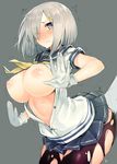  bad_id bad_twitter_id black_legwear blue_eyes blush breasts gloves grey_background hair_ornament hair_over_one_eye hairclip hamakaze_(kantai_collection) inayama jpeg_artifacts kantai_collection large_breasts nipples one_eye_closed pantyhose school_uniform serafuku short_hair silver_hair simple_background solo_focus torn_clothes torn_legwear trembling unbuttoned white_gloves 