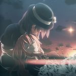  blonde_hair bow brown_hair capelet closed_eyes cloud death dress dusk flower hand_on_neck hat lily_(flower) long_hair maribel_hearn multiple_girls murasin no_hat no_headwear ribbon short_hair skirt sky sunset touhou usami_renko 