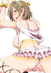  after_sex anus ass blush bra bra_lift bracelet breasts brown_hair censored clearite cum cum_in_pussy food from_behind gaping hair_ribbon highres jewelry koizumi_hanayo large_breasts looking_at_viewer looking_back love_live! love_live!_school_idol_project microskirt mosaic_censoring natsuiro_egao_de_1_2_jump! nipples off_shoulder open_clothes open_mouth open_shirt panties panties_aside pointless_censoring purple_bra purple_eyes purple_panties pussy ribbon saliva shirt short_hair simple_background skirt solo star tattoo underwear white_background 