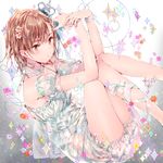  bow bracelet brown_eyes brown_hair choker coin crown dress dsmile flower frills hair_flower hair_ornament halterneck holding jewelry leg_ribbon looking_at_viewer md5_mismatch mini_crown misaka_mikoto ribbon ring short_hair solo spaghetti_strap sparkle to_aru_kagaku_no_railgun to_aru_majutsu_no_index white_dress wrist_cuffs 