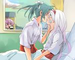  aoba_(kantai_collection) bandages bed blush brown_eyes camera cloud commentary_request curtains day female_pervert grey_hair hair_ornament hair_ribbon hairband imminent_kiss japanese_clothes kantai_collection knightym22 lighthouse long_hair multiple_girls muneate open_mouth pervert pink_hair ponytail ribbon school_uniform serafuku shipyard short_hair shoukaku_(kantai_collection) silver_hair skirt smile twintails window yuri zuikaku_(kantai_collection) 