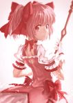  back_cutout bow_(weapon) dress gloves heart_cutout kaname_madoka lain looking_back magical_girl mahou_shoujo_madoka_magica mahou_shoujo_madoka_magica_movie pink_eyes pink_hair short_twintails smile solo twintails weapon 