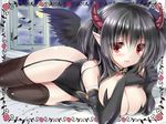  bad_id bad_pixiv_id black_gloves black_hair black_legwear black_wings blush breasts cleavage demon_girl demon_horns elbow_gloves fangs garter_straps gloves horns large_breasts long_hair open_mouth original pointy_ears shira_ichigo_(ichigohou) smile solo succubus thighhighs two_side_up window wings 