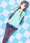  akiyama_mio black_eyes black_hair blue_shirt character_name checkered checkered_background copyright_name dutch_angle heart heart_necklace jewelry k-on! long_hair macken necklace pantyhose shirt shorts smile sweater 