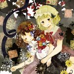  ascot blonde_hair blush_stickers brown_hair bug butterfly closed_eyes death dress flower grey_eyes hand_on_another's_face insect maribel_hearn multiple_girls no_hat no_headwear onigiri_(ginseitou) ribbon short_hair skirt smile touhou usami_renko 