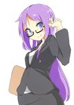  alternate_hairstyle bespectacled blue_eyes clipboard formal glasses hair_down hand_up hiiragi_kagami holding jacket long_hair lucky_star no_nose older pencil_skirt purple_hair shirt skirt skirt_suit solo suit suno-pi white_shirt 
