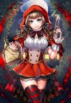  :q basket blue_eyes bottle bow bowtie brown_hair checkered checkered_legwear dress full_moon gun holding holding_weapon hood lace lace-trimmed_skirt little_red_riding_hood little_red_riding_hood_(grimm) long_hair looking_at_viewer matsurika_youko moon nail_polish red_nails short_sleeves skirt smirk solo thighhighs tongue tongue_out twintails weapon zettai_ryouiki 