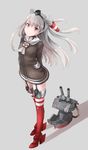  amatsukaze_(kantai_collection) bad_id bad_pixiv_id brown_eyes comah dress garter_straps high_heels implied_pantyshot kantai_collection long_hair red_legwear rensouhou-kun sailor_dress short_dress silver_hair simple_background striped striped_legwear thighhighs two_side_up zettai_ryouiki 