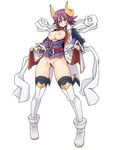  bar_censor boots breasts breasts_outside censored horns large_breasts looking_at_viewer nash_(na-si) nipples no_panties pointy_ears purple_eyes purple_hair pussy shinrabanshou shion_(shinrabanshou) short_hair simple_background smile solo thigh_boots thighhighs white_background 