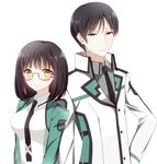  1girl between_breasts black_hair black_neckwear breasts brown_hair glasses highres mahouka_koukou_no_rettousei medium_breasts mole necktie necktie_between_breasts school_uniform shibata_mizuki short_hair smile yellow_eyes yoshida_mikihiko yuino_(yuina0310) 