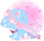  blood cherry_blossoms chibi closed_eyes hat japanese_clothes natsuno_riku petals pink_hair ribbon saigyouji_yuyuko short_hair solo touhou triangular_headpiece 