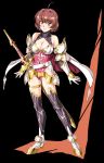  1girl absurdres ahoge bare_shoulders betty_(langrisser) black_background breasts brown_eyes brown_hair cleavage full_body highres langrisser large_breasts looking_at_viewer official_art sheath sheathed short_hair simple_background smile solo standing sword thigh_strap thighhighs urushihara_satoshi weapon 