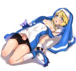  1boy androgynous arc_system_works bike_shorts blonde_hair blue_eyes blush bridget_(guilty_gear) crucifix cuffs fingerless_gloves gloves guilty_gear habit inuhasiru looking_at_viewer looking_down lying nipples nun on_back open_mouth penis precum puffy_chest ribbon simple_background solo testicles trap white_background 