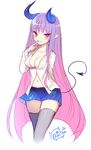  arm_behind_back bad_id bad_twitter_id blush breasts byulzzimon cleavage cropped_legs demon_girl demon_tail finger_to_mouth grey_legwear highres horns long_hair medium_breasts miniskirt navel open_clothes open_shirt original pink_eyes pleated_skirt pointy_ears purple_hair shirt signature simple_background skirt smile solo tail thighhighs very_long_hair white_background 