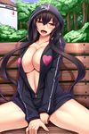  areola_slip areolae bench black_hair breasts center_opening cleavage covered_nipples fangs heart heart-shaped_pupils highres hood hoodie huge_breasts kurochijo long_hair looking_at_viewer naked_hoodie no_bra no_panties open_mouth original shuugetsu_karasu sitting smile solo spread_legs symbol-shaped_pupils thighs unzipped very_long_hair 