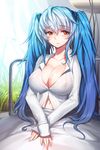  bed blue_hair blush breasts cleavage dress_shirt hair_ribbon highres large_breasts long_hair looking_at_viewer luthica_preventer red_eyes ribbon shirt sitting snowball22 solo sweat sword_girls 