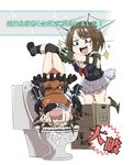  blue_eyes bow bow_panties brown_eyes brown_hair bullying gloves hair_ornament headgear kantai_collection maya_(kantai_collection) multiple_girls open_mouth panties pantyshot red_panties sakurai_energy school_uniform sendai_(kantai_collection) short_hair skirt skirt_flip swirlie toilet translated two_side_up underwear upside-down 