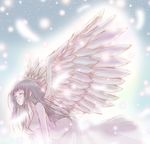  all_fours angel_wings bare_shoulders black_hair bluez breasts chitanda_eru cleavage closed_eyes collarbone dress feathered_wings feathers hyouka long_hair medium_breasts sleeveless sleeveless_dress white_dress wings 