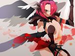  bare_shoulders breasts dark_minerva_(p&amp;d) doushimasho energy_sword gauntlets hair_over_one_eye head_wings impossible_clothes looking_at_viewer magic navel orange_eyes puzzle_&amp;_dragons red_hair skin_tight small_breasts solo sword weapon wings 