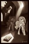  book castle crown cutie_mark equine female feral friendship_is_magic hair horn horse library mammal marbleyarns monochrome my_little_pony pony princess_celestia_(mlp) princess_luna_(mlp) royalty ruins sepia sunlight winged_unicorn wings 