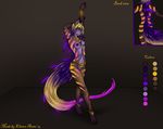  back blonde_hair bracers breasts brown_fur cat ear_piercing eliana-asato feline female fur gold hair hybrid long_tail mammal model_sheet nude piercing purple_fur purple_hair short_hair spines standing strips violet_fur yellow_eyes 