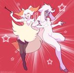  abstract_background anthro arm_in_arm arm_warmers braixen breasts canine clothed clothing dog duo female fennec fox fur furfrou hair legwear mammal nintendo nude one_eye_closed pointing pok&#233;mon pok&#233;morph pok&eacute;mon pok&eacute;morph shoes smile star stick stockings tokifuji video_games wand white_fur white_hair wink 