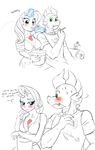  anthro anthrofied black_and_white blue_eyes blush breasts cleavage clothed clothing comic couple cutie_mark dragon duo english_text equine eyeshadow fangs female friendship_is_magic green_eyes hair horn ice_cream makeup male mammal monochrome my_little_pony pia-sama plain_background rarity_(mlp) sitting slit_pupils spike_(mlp) spoon sweat text unicorn white_background 