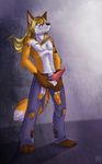  anthro balls barefoot blonde_hair blue_eyes canine clothing erection eyewear fox glasses gothwolf hair jcfox knot long_hair male mammal necklace penis plain_background solo topless torn_clothing 