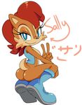  2014 anthro bedroom_eyes bigger_version_at_the_source blue_eyes boots breasts brown_fur butt chipmunk clothing cloudz female fur hair happy looking_at_viewer mammal peace plain_background red_hair rodent sally_acorn sega smile solo sonic_(series) text video_games 