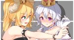  2girls against_wall bangs bare_shoulders black_collar blonde_hair blush bowsette bracelet breasts choker closed_mouth collar collarbone commentary dress earrings gloves green_eyes hair_between_eyes highres hikari_yui horns jewelry large_breasts long_hair looking_at_another looking_away mario_(series) multiple_girls new_super_mario_bros._u_deluxe nintendo open_mouth pointy_ears ponytail princess_king_boo purple_eyes sharp_teeth spiked_bracelet spiked_collar spikes super_crown teeth white_dress white_gloves white_hair yuri 
