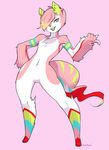  anthro blue_eyes chest_tuft fur hair looking_at_viewer markings multi-colored_fur multicolor_fur pink_background pink_fur pink_hair plain_background pointing pose solo standing tokifuji tuft unknown_species wide_hips 