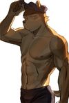  anthro biceps blush brown_fur brown_nipples brown_nose canine clothing dog fur hat kemono looking_at_viewer male mammal muscles nipples pants pecs plain_background pose solo standing tan_fur toned topless wasp_(artist) white_background 