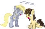  blonde_hair brown_eyes brown_hair cutie_mark derpy_hooves_(mlp) duo english_text equine eyes_closed female feral friendship_is_magic fur grey_fur hair hi_res horse mammal my_little_pony open_mouth original_character pegasus plain_background pony text transparent_background wings zacatron94 